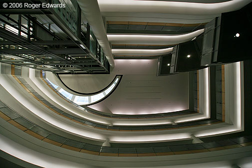The center of the central atrium in a winter afternoon, looking straight up